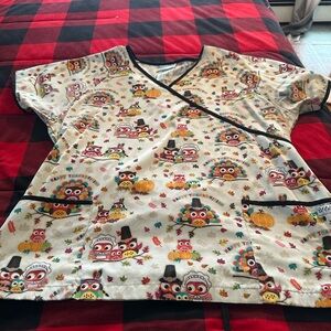 Thanksgiving Owl Printed Scrub Top